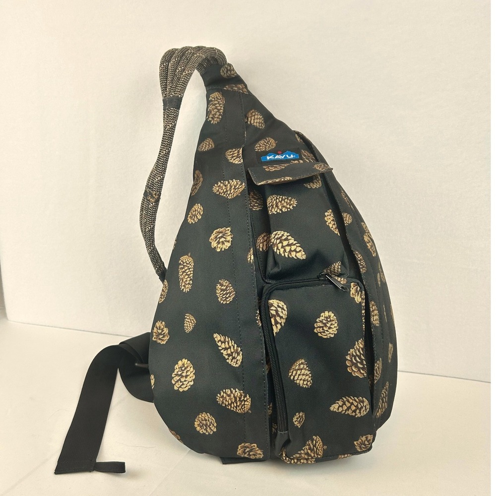 KAVU Rope Bag Sling Backpack Black Pinecone Print Canvas Crossbody‎ Bag